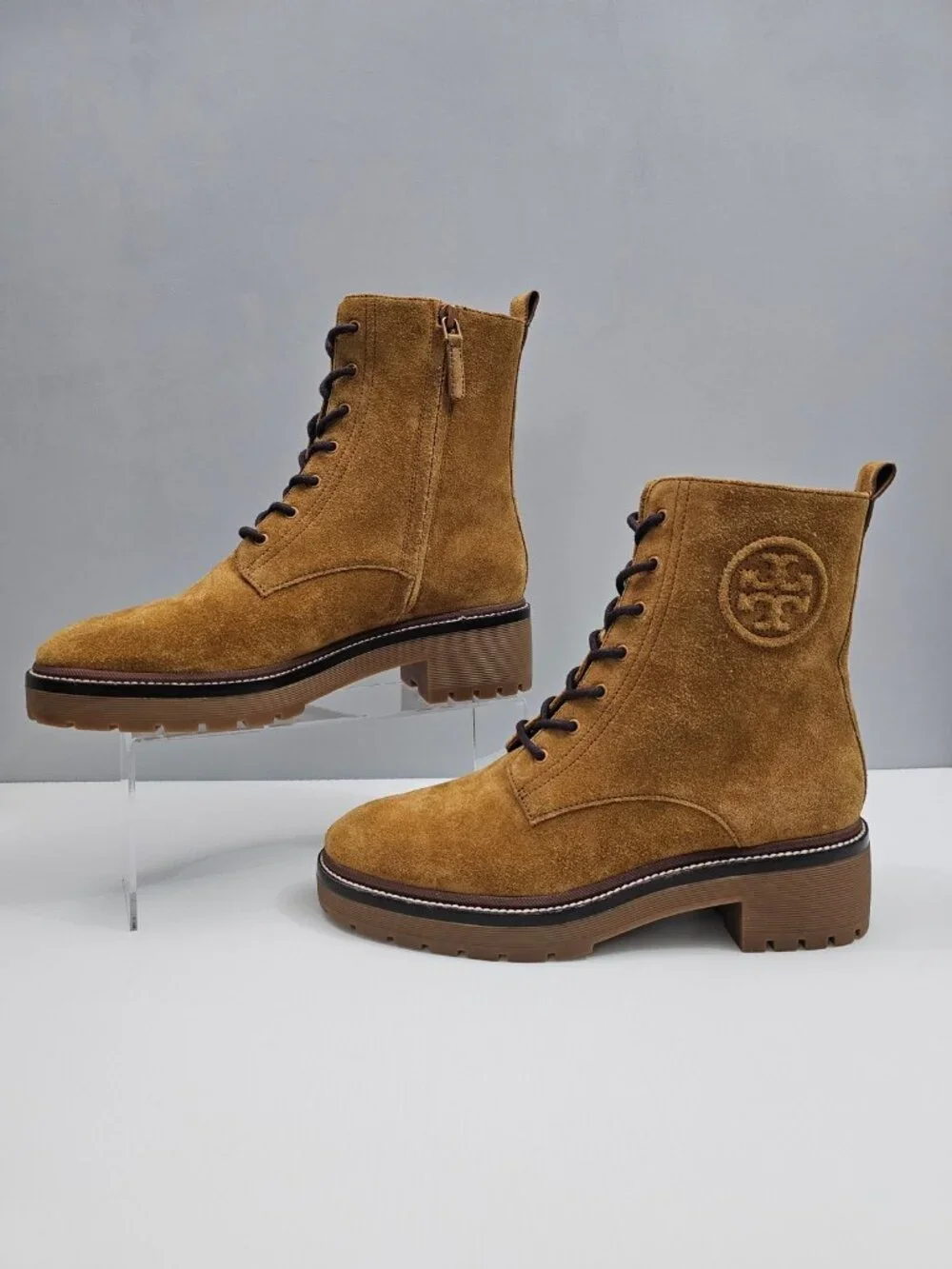 Tory Burch Miller 50mm Lug Sole Bootie Womens 9.5 Tan Suede Lace Up Combat NEW